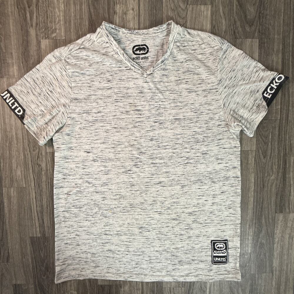ECKO UNLTD Heather Gray Short Sleeve V-Neck Graphic Tee Streetwear Rhino Logo